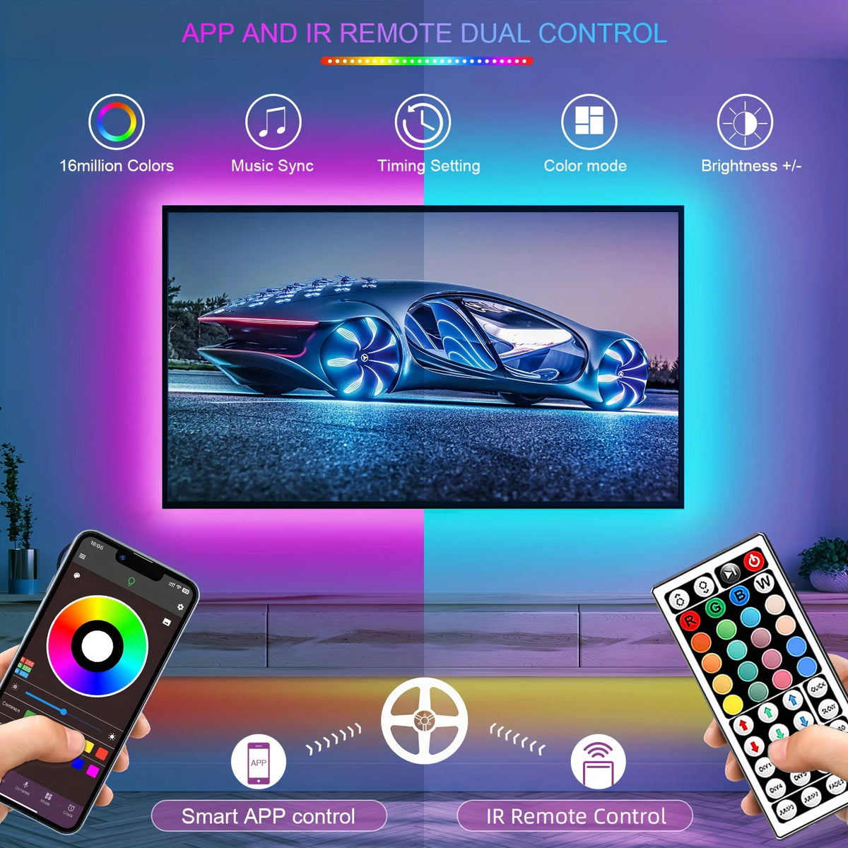 RGB LED Strip Lights — App & Remote Control, 0.5m to 30m Room Lighting