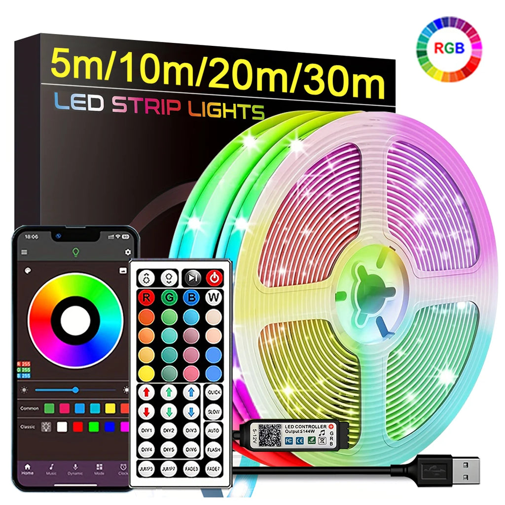 RGB LED Strip Lights — App & Remote Control, 0.5m to 30m Room Lighting